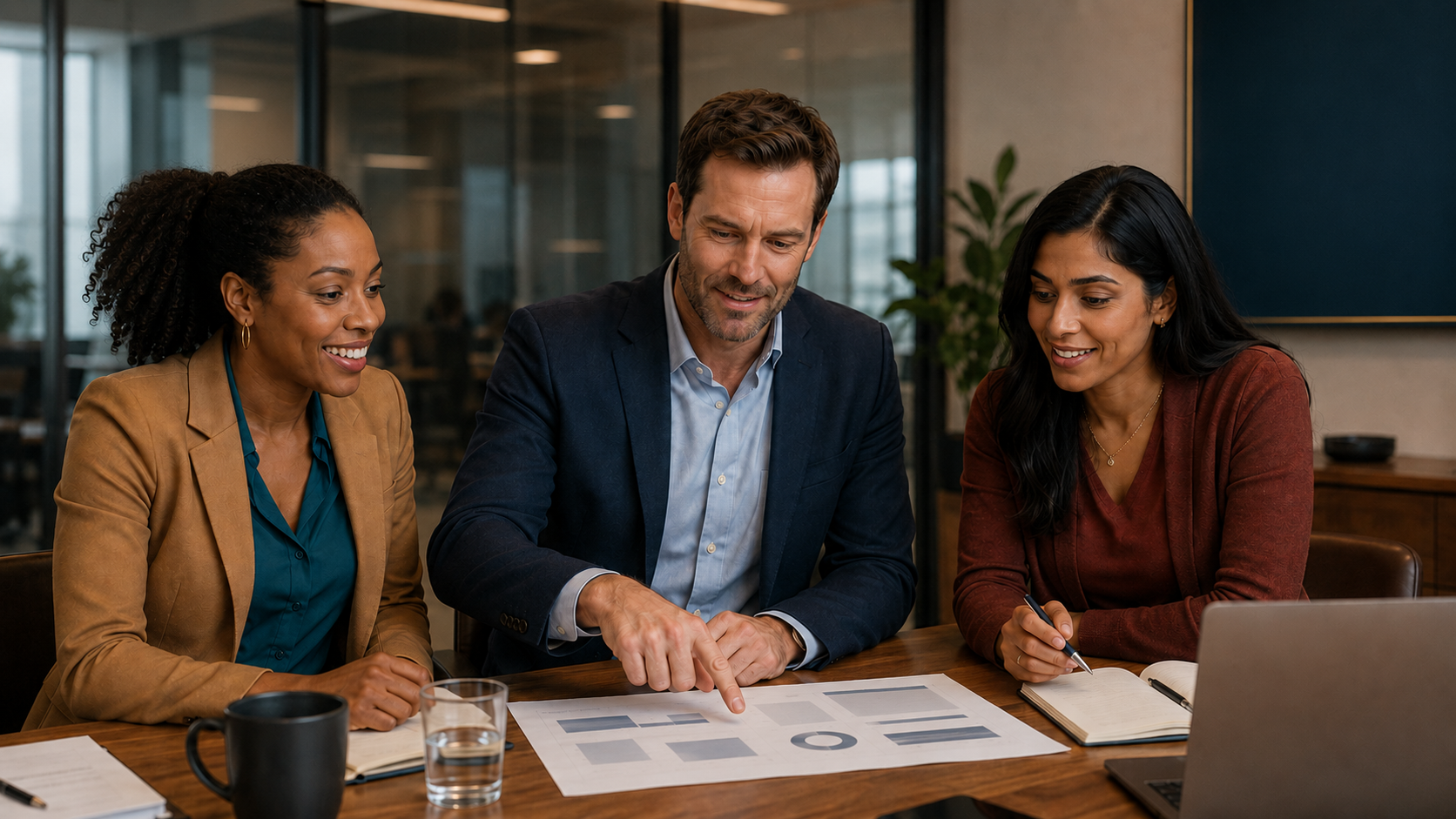 Three employees review charts together and appear more focused and constructive during the decision stage. One points at a plan while the others lean in attentively.