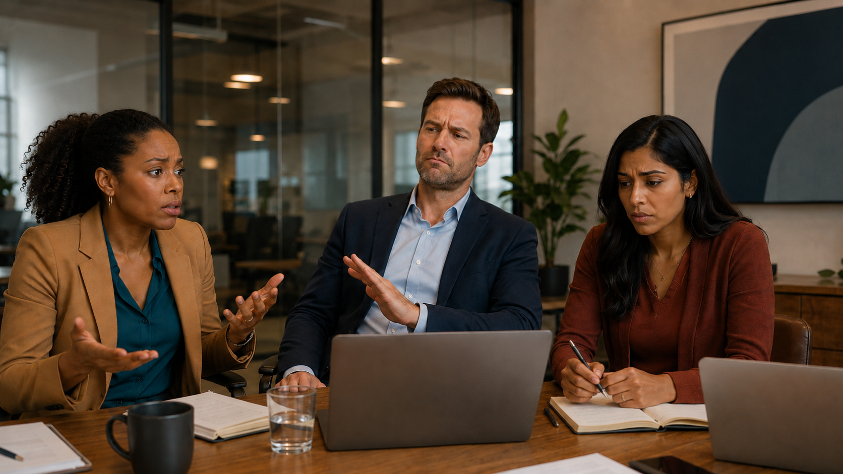 Three employees react to a workplace change during the denial stage. One gestures in disbelief, one waves off the concern skeptically, and one looks down while taking notes.