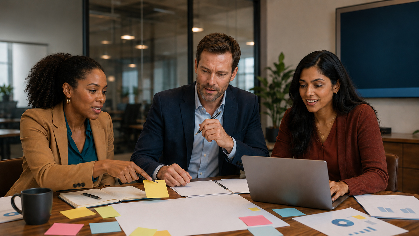 Three employees begin experimenting with a new workflow in a collaborative meeting. Sticky notes, a pilot plan, and a laptop sit on the table as they test ideas together.