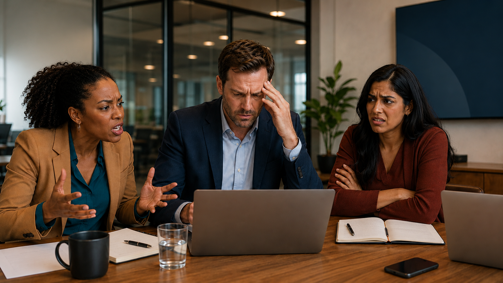 Three employees in a tense meeting show frustration with a workplace change. One speaks emphatically, one rubs his forehead in stress, and one looks irritated with folded arms.