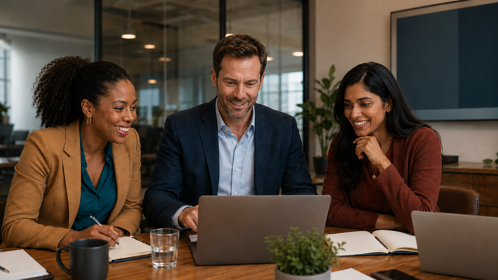 Three employees smile as they work together comfortably in a conference room, showing integration into the new way of working.