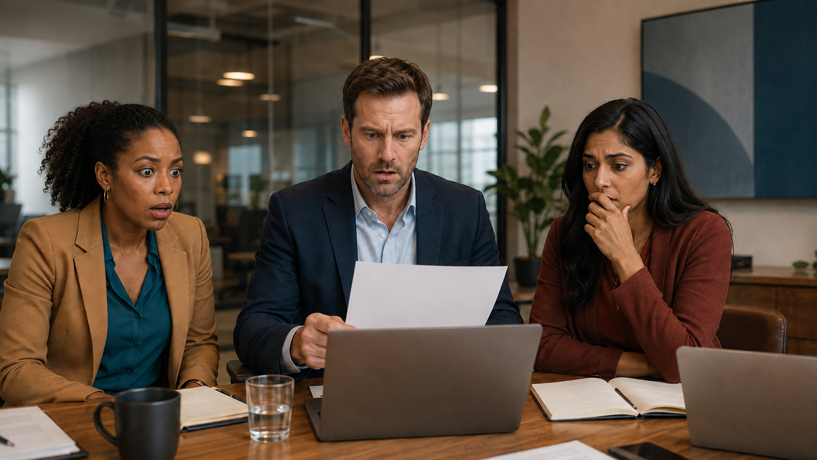 Three employees sit at a conference table reacting to an organizational update with visible shock. One looks stunned, one studies the announcement with concern, and one covers her mouth anxiously.