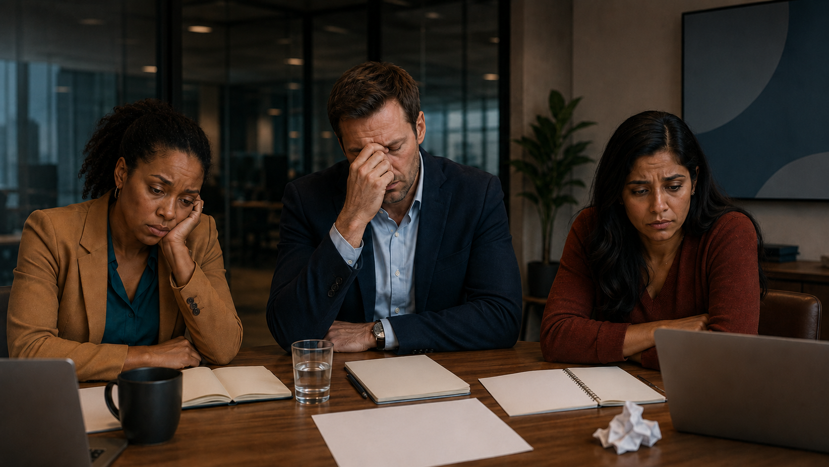 Three employees sit in a conference room looking discouraged at the low point of change. One rests her head in her hand, one pinches the bridge of his nose, and one stares down sadly at her laptop.